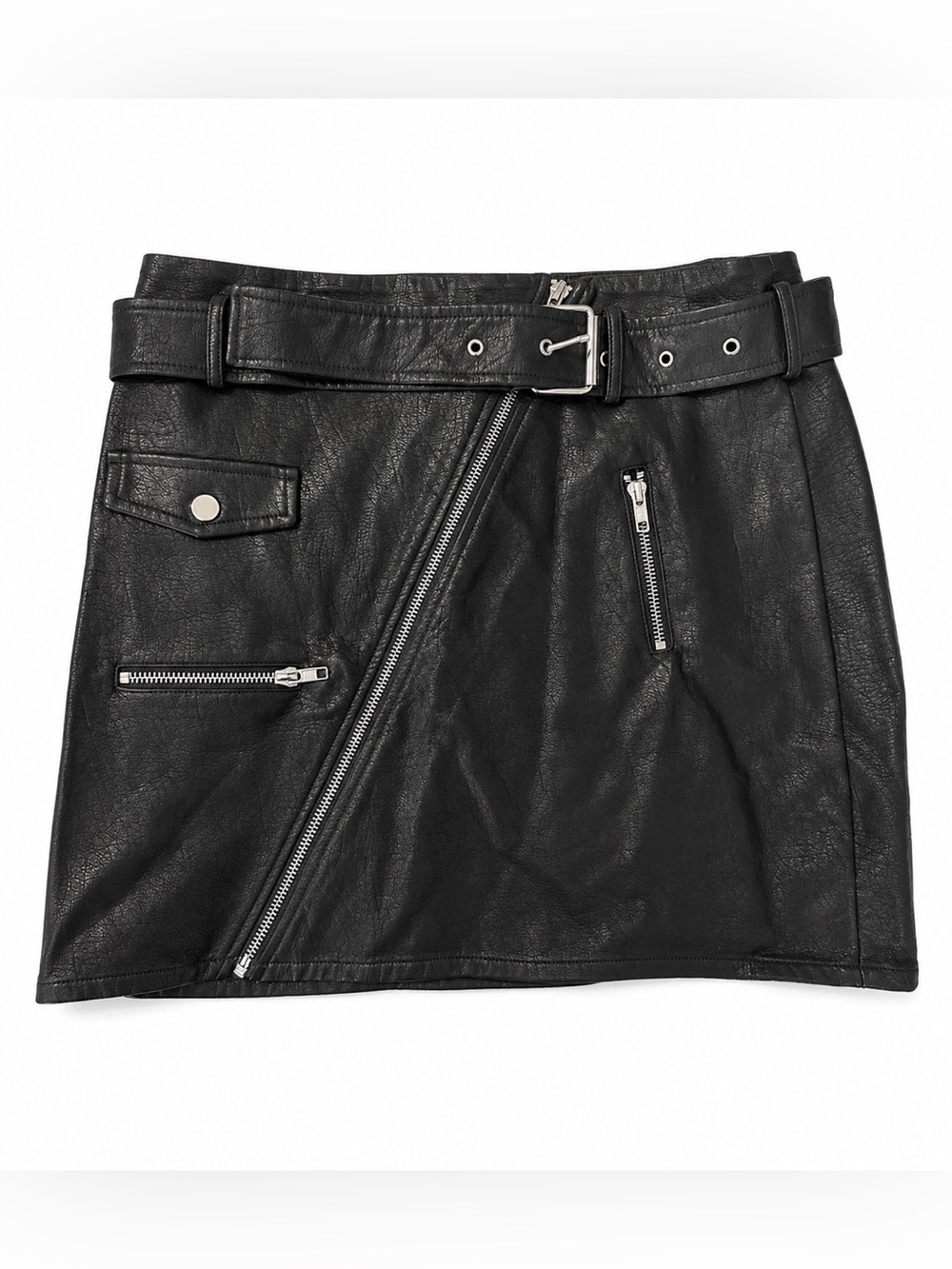 I.AM.GIA Black Faux Leather Biker Mini Skirt with Belted Waist